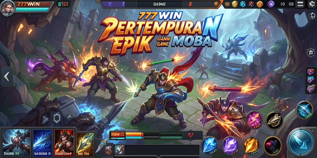 Tampilan seru gameplay 777WIN dalam pertempuran MOBA.
