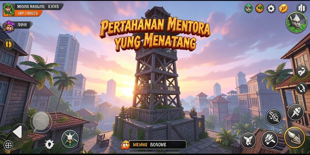 Screenshot utama MPO76 menampilkan aksi menara pertahanan yang intens.