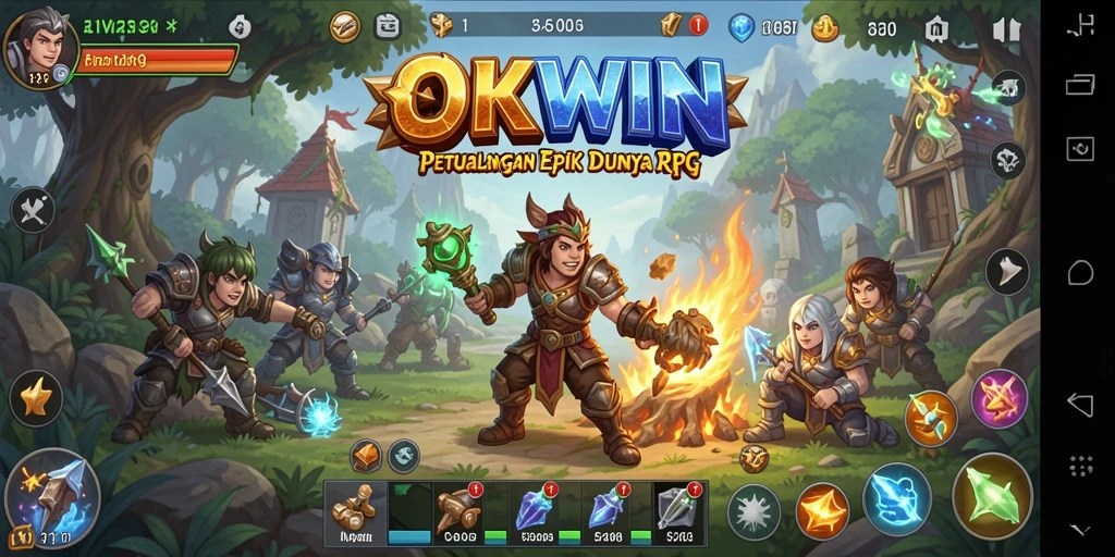 Screenshot utama OKWIN menampilkan aksi pertarungan epik dan karakter menarik.